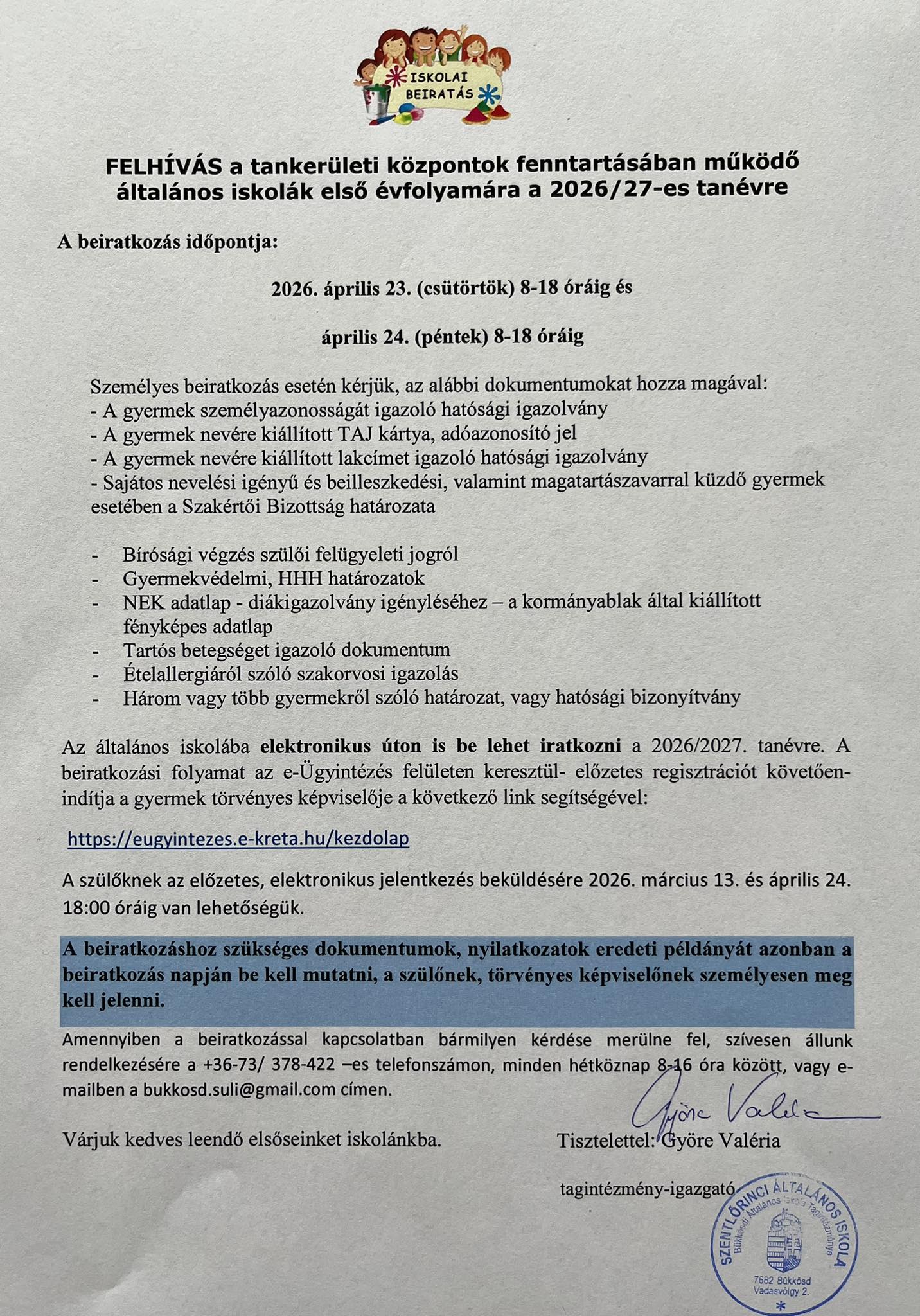 iskolai beiratkozás